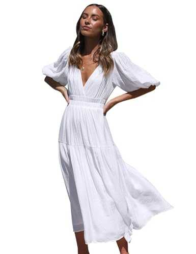 MessBebe Womens Summer Casual Maxi Dress V Neck Puff Sleeve Ruffled Solid Color Ruffle Beach Dress