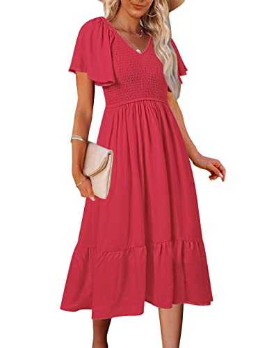 MEROKEETY Womens Summer Casual V Neck Ruffle Sleeve Smocked High Waist Midi Dress with Pockets