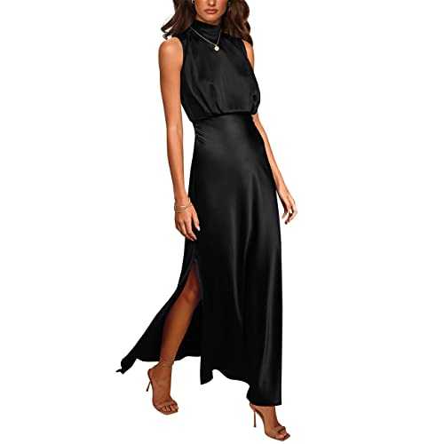 KOEMCY Women's Sleeveless Dress Maxi Long Dress Mock Neck Split Dress Satin Solid Color Dresses Formal Wedding Party Cocktail Dress Elegant Gowns Evening