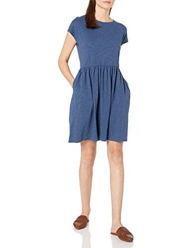 Goodthreads Relaxed-fit Heavyweight Cotton Slub Short-Sleeve Gathered-Waist Dress, Sargasso Sea, L