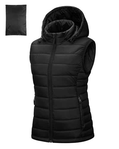 Outdoor Ventures Womens Puffer Gilet with Hood Packable Quilted Vest Padded Outwear Vest Bodywarmer Ladies Windproof Sleeveless Jacket for Golf Hiking Cycling