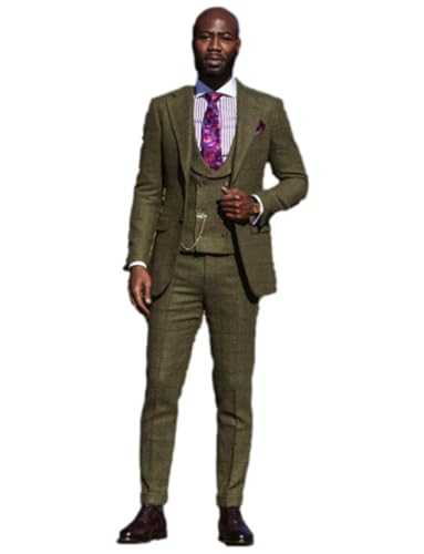 Pkrboro Men's Tweed Checked Suit Formal Tuxedos Jacket Notch Lapel Set Wedding Daily Three-Piece