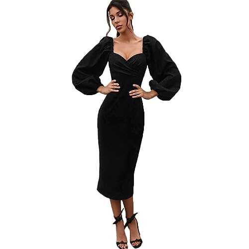 Women V-Neck Long Sleeve Bodycon Dress Tunic Pencil Sexy Hips-Wrapped Midi Dress Jumper Dress Puff Sleeve Ruched Elegant Party Cocktail Club Evening Dress Solid Color Black