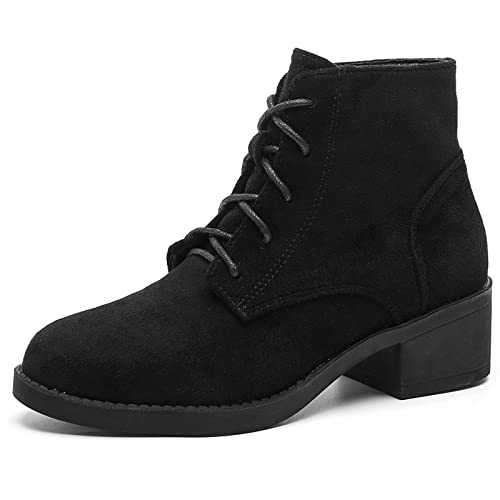 DADAWEN Women's Leather Block Heel Lace-Up Ankle Boots