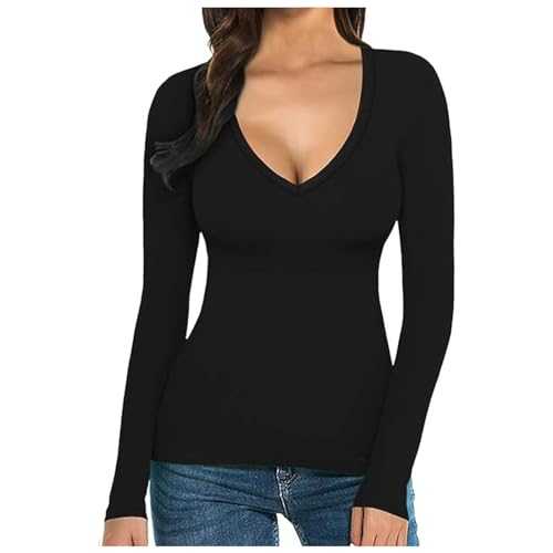 Deep V Neck Top Long Sleeve Tshirts Womens Long Sleeve V Neck Shirts for Women Slim Fitted Basic Tee Tops Plain Basic V Neck Long Sleeve Tops Tee Shirt T-Shirt