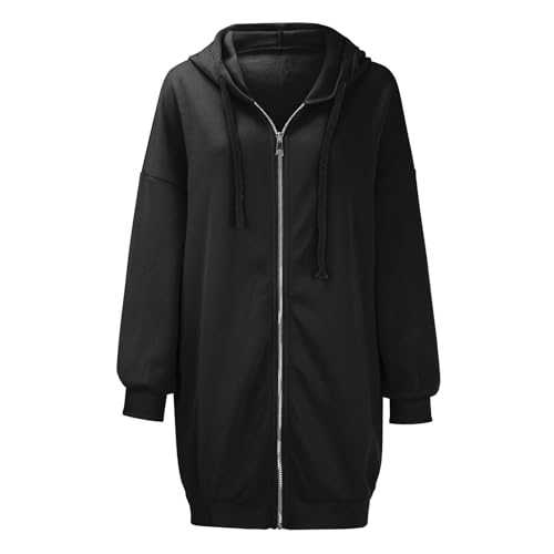 HOOUDO Long Hoodies for Women UK Oversized Casual Sweatshirts Ladies Zip Up Long Sleeve Cardigans Winter Warm Coats Loose Plain Hooded Jackets Jumper with Pockets Plus Size