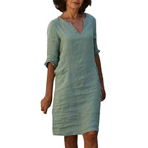 AMDOLE Dresses Loose Cotton and Linen Short Sleeve Holiday Semi Casual Women'S V Neck Dress Solid Color Women'S Dress Midi Dress for Women