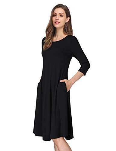 MISSKY Women's 3/4 Long Sleeve Casual Midi Dress with 2 Pockets (Black, Small)