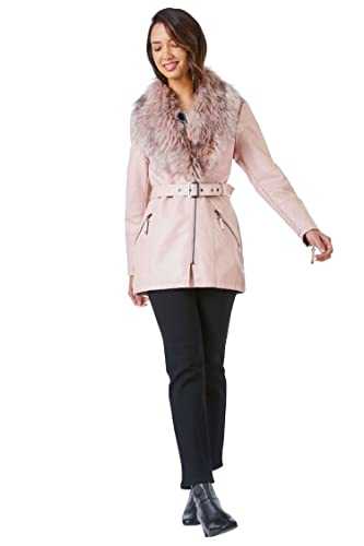 Roman Originals Women Faux Leather Faux Fur Trim Coat - Ladies Everyday Smart Casual Comfortable Quality Luxury Autumn Winter Zip Up Pleather Long Sleeve Belted Coats