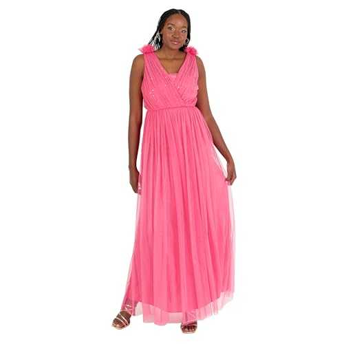 Anaya with Love Women's Maxi Dress Ladies Sleeveless V-Neck Sequin Embellished Tulle Ruffle Shoulder A-line Bridesmaid Prom Ball Gown