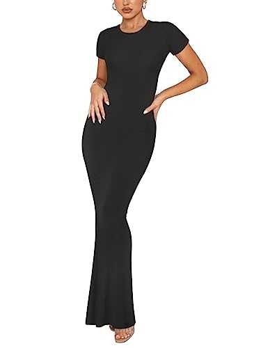 REORIA Women's Summer Casual Lounge Long Dress Elegant Short Sleeve Crew Neck Bodycon Maxi Dresses