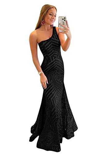 Mermaid Sequin Prom Dress One Shoulder Long Sparkly Formal Evening Ball Gown Pleated for Women