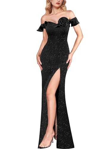 VFSHOW Womens Formal Prom Ruffle Off The Shoulder 3D Flower High Slit Maxi Dress Evening Gown