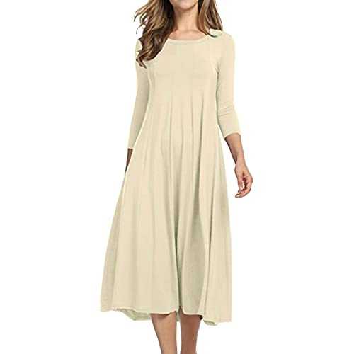 Summer Shirt Dresses for Women Women's Fashion Casual Solid Dress Round Neck Long Sleeve Mid Calf Swing Dress Summer Dresses Knee Length