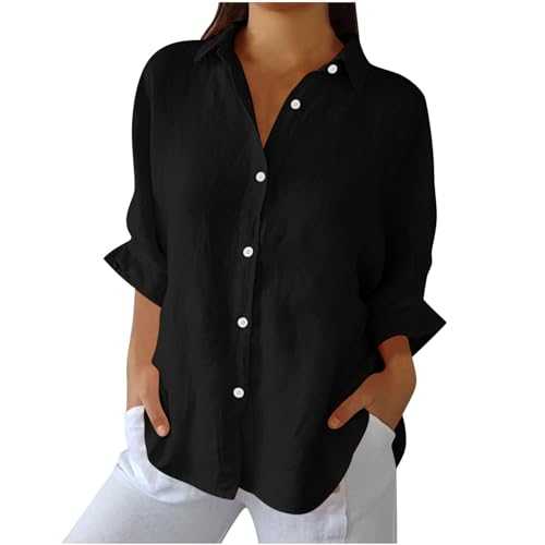 Womens Linen Shirts UK Sale Clearance Long Sleeve Tops Button Down Blouses Cotton Linen Tunic Tops Ladies Loose Casual Lapel Neck Shirt Plain Longline Blouses Solid Color T-Shirts Going Out Top