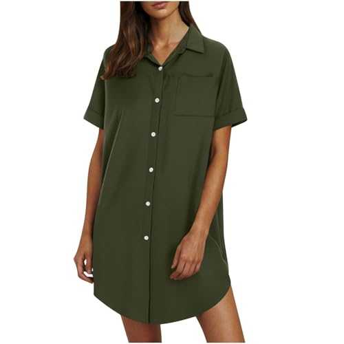 Linen Dress for Women Collared Summer Short Sleeve Midi Dresses Cotton Linen Knee Length Casual Loose Button Down Sundress Solid Color Holiday Elegant Beach Cover Up with Pockets