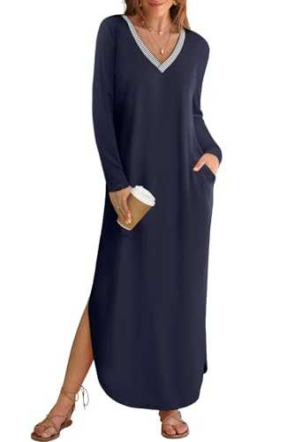 MEROKEETY Women's 2024 Fall Long Sleeve Maxi Dress V Neck Trendy Split Loose Casual Pockets Dresses