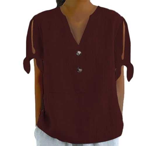 Women's Cotton Linen Tops Summer Short Sleeve Blouse V Neck Button T-Shirt Casual Loose Blouses Simple Solid Color Shirts Fashion Side Sleeve Fork Top Comfortable Breathable Shirt for Ladies UK