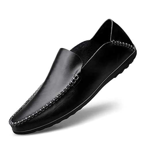 New Mens Loafers Shoe Genuine Leather Stitching Details Round Toe Rubber Sole Simple Lightweight Flat Heel Comfortable Casual Slip-ons