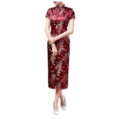 Traditional Cheongsam Costume Print High Slit Side Chinese New Year Party Cocktail Bodycon Brocade Short Sleeve Long Chinese Dress Cheongsam for Women Dress