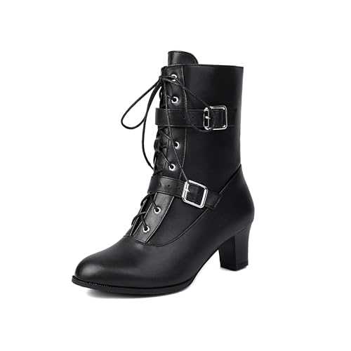 Voviggiw Women Short Ankle Boots Lace Up Bukle Boots Side Zipper Victorian Booties Kitten Heel