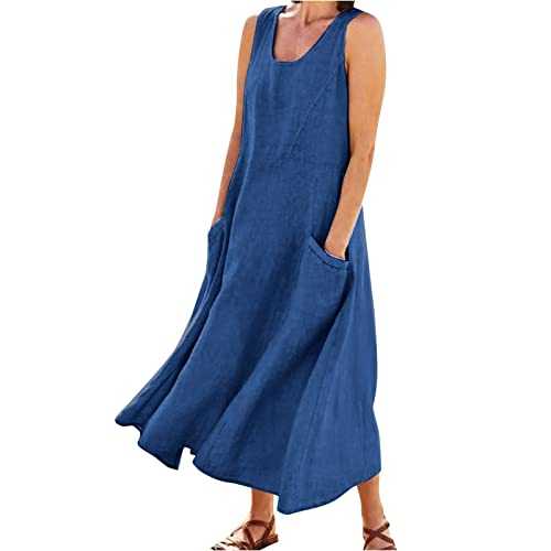 AMDOLE Womens Solid Color Round Neck Pockets Casual Long Dress Daily Tank Dress Women Outfits for Summer