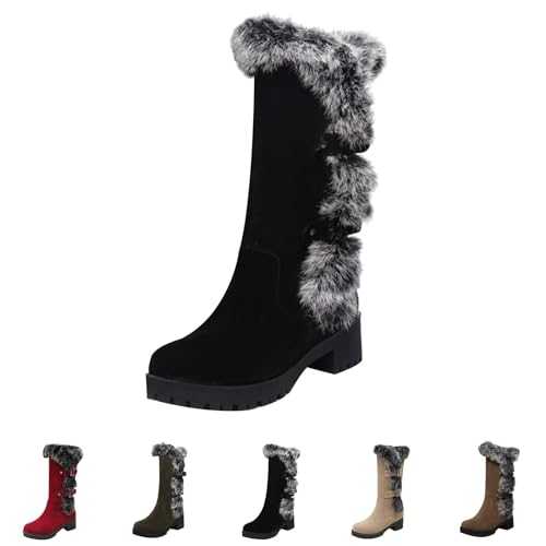 Snow Boots Womens Clearance Suede Mid Calf Furry Boots Slip On Booties High Top Snow Boots Warm Fur Lined Winter Boots Comfortable Outdoor Anti-Slip Ankle Boots