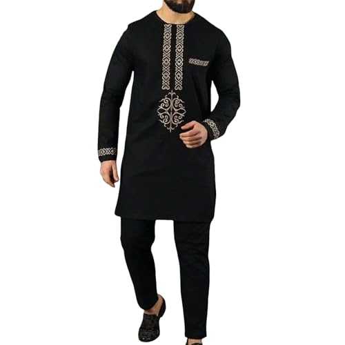 Vhersily 2025 Deals - African Wedding Suit Men Pieces Shirt Pants Elegant Patchwork Round Neck Classic Leisure Cozy Two-Piece Traditional Costume