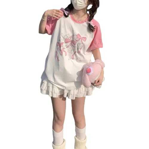 Kawaii Oversized T-Shirt Cute Pink Anime Shirt Japanese Harajuku Patchwork Tee Cartoon Print Loose Teen Girl Plus Size