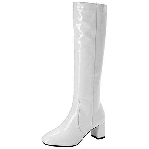 MJIASIAWA Women Square Toe Dress Patent Block Heel Knee High Winter Boots Zip