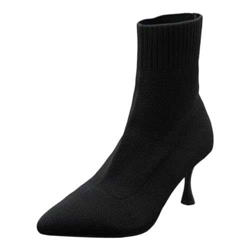 Ladies Solid Color Casual Knitted Breathable Socks High Heels Fine Heeled Mid Pointed Toe Large Size Boots Ankle Boots Short Boots Extra Wide Women's Boots