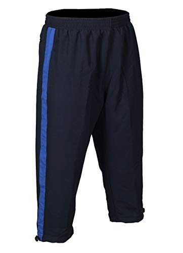 Mens Black Joggers 3/4 with Navy Stripe- Slim Fit Sweatpants Featuring Zip Pockets, Mesh Lining, Ideal for Gym and Jogging Activities. Track Suit Bottoms with Pockets