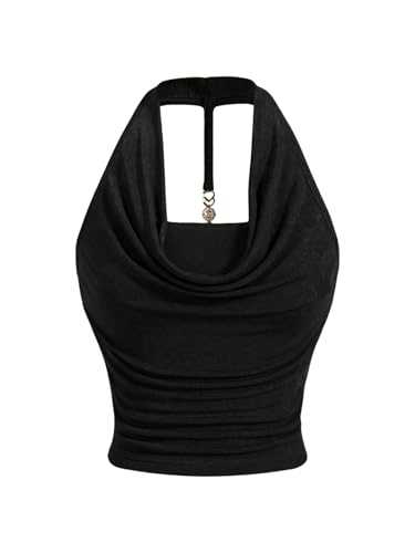 GORGLITTER Women's Cowl Neck Ruched Halter Top Draped Metal Decor Slim Fit Elegant Tops