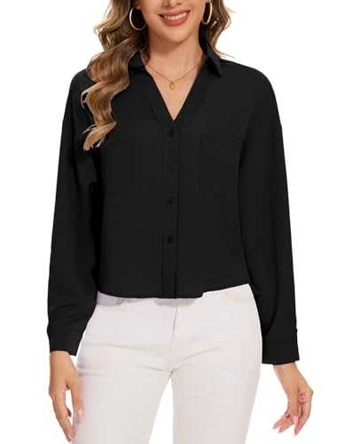 MINTLIMIT Womens Button Shirts Long Sleeve & Short Sleeve Blouse S-XXL Crop Tops Drop Shoulder V Neck Shirt Casual with Chest Pocket
