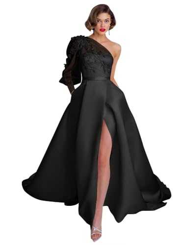 One Shoulder Lace Applique Prom Dresses Long Sleeve Wedding Dresses Tulle A Line Princess Ball Gown with Slit