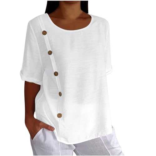 Summer Ladies Tops Cotton and Linen Shirts Half Sleeve Tunic Tops Fashion Button Up Blouse Crew Neck Baggy Solid Plain T Shirt Summer Tee Shirts Pullover Blouses Casual Loose Linen Tops for Women UK
