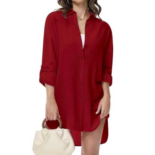 YNIQUE Women's Blouse V-Neck Shirt Blouse Long Sleeve Casual Shirt Button Up Long Sleeve Shirt Casual Tops Roll Up Tops