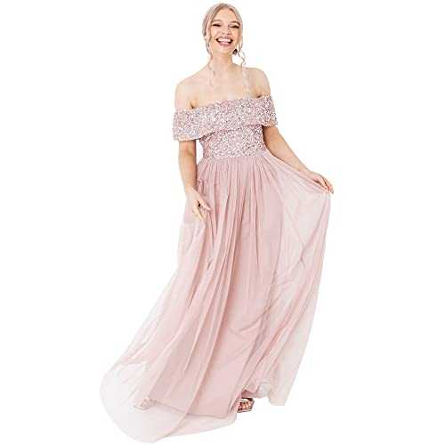 Maya Deluxe Women's Misty Green Bardot Embellished Maxi Dress Bridesmaid