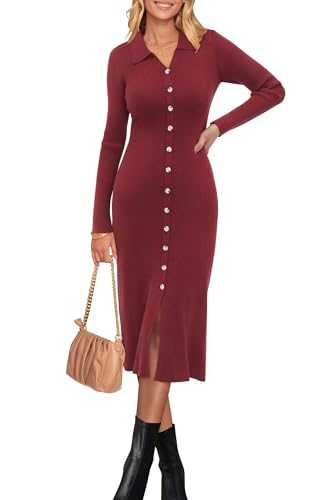 Newshows Jumper Dress for Women UK Long Sleeve V Neck Ladies Bodycon Button Knitted Dress Elegant Sweater Dress