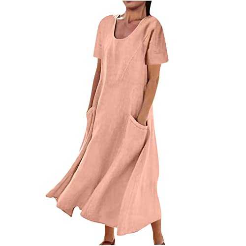 Women Summer Dresses Cotton Linen Dress Round Neck Short Sleeve Casual Long Dress with Pocket Baggy Flowy Pleated Dress Solid Plain Oversized Dresses Holiday Party Beach Dress Elegant Dress