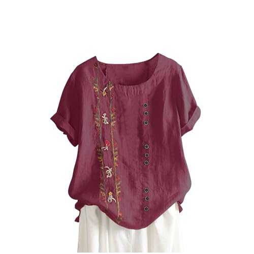 TURWXGSO Linen Tops for Women UK Casual Loose Summer T-Shirts Foral Embroidered Boho Top Short Sleeve Tunic Blouses Crew Neck Button Pullover Trendy Cute Tees Plus Size 14-28