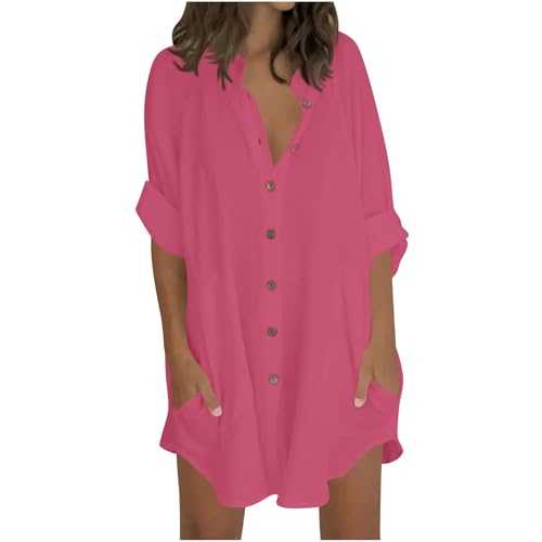 Keepink Womens Tops Oversized Cotton Linen Button Up Shirts Summer Casual Blouse Roll-Up Sleeve Tops Extra Long Top with Pockets Hawaii Beach Cover Up Ladies Clothes