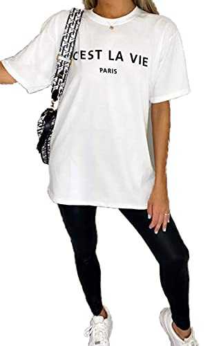 Urban Fashion Womens Short Sleeve Round V Neck Slogan Oversized Printed Casual White Black Summer Baggy Fashion Coco Paris Ladies Batwing T Shirts Tees Plus Size Tops (C'est La Vie