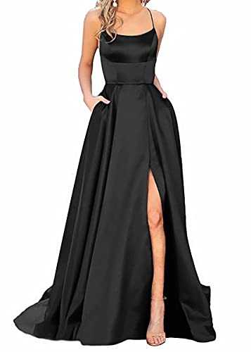 Women's Long Ball Dresses, Elegant Halterneck Backless Long Dresses, A-line Criss-Cross Satin Spaghetti Party Prom Dress, Side Slit Wedding Evening Party Dress with Pockets