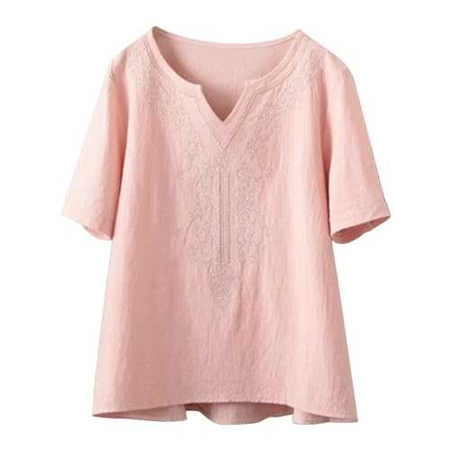 V Neck T Shirts for Women UK Casual Short Sleeve Basic Tee Shirts Cotton Linen Soft Comfy T-Shirt Pleated Summer Floral Printed Business Work T Shirt