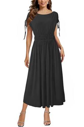 Newshows Womens Summer Dresses Short Sleeve Casual Midi Dress Boat Neck Smocked Drawstring Dresses
