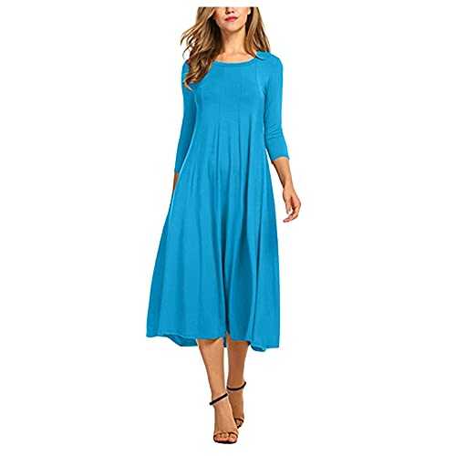 Skang long dresses for women UK Long Casual Solid Round Dress Mid Calf Sleeve Women's Neck Dress Swing Women's Dress plus size swing dress