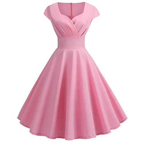 Women 1950s Audrey Hepburn Tea Dress Vintage Rockabilly Dress A Line Swing Cocktail Party Dress Plain Short Sleeve Retro Dresses Swing Flowy Pleated Dance Gown