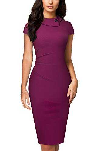 HOMEYEE Women's Vintage Lapel Ruched Bodycon Business Pencil Dress B574 (L, Carmine)