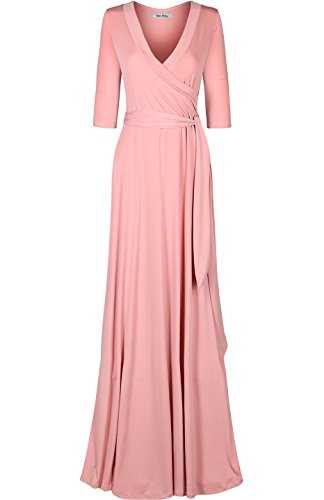 Bon Rosy Women's #MadeInUSA Women's 3/4 Sleeve Deep V-Neck Maxi Faux Wrap Dress